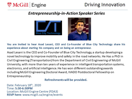 Asad Lesani is the CEO and Co-Founder of Blue City Technology, a startup developing a novel technology to improve mobility and safety in the road networks. He Has a PhD in Civil Engineering (Transportation) from the Department of Civil Engineering of McGill University, with more than ten years of experience in intelligent transportation systems, electronics, and artificial intelligence. He has won different outstanding awards including McGill Engineering Doctoral Award, IVADO Postdoctoral Fellowship on Entr