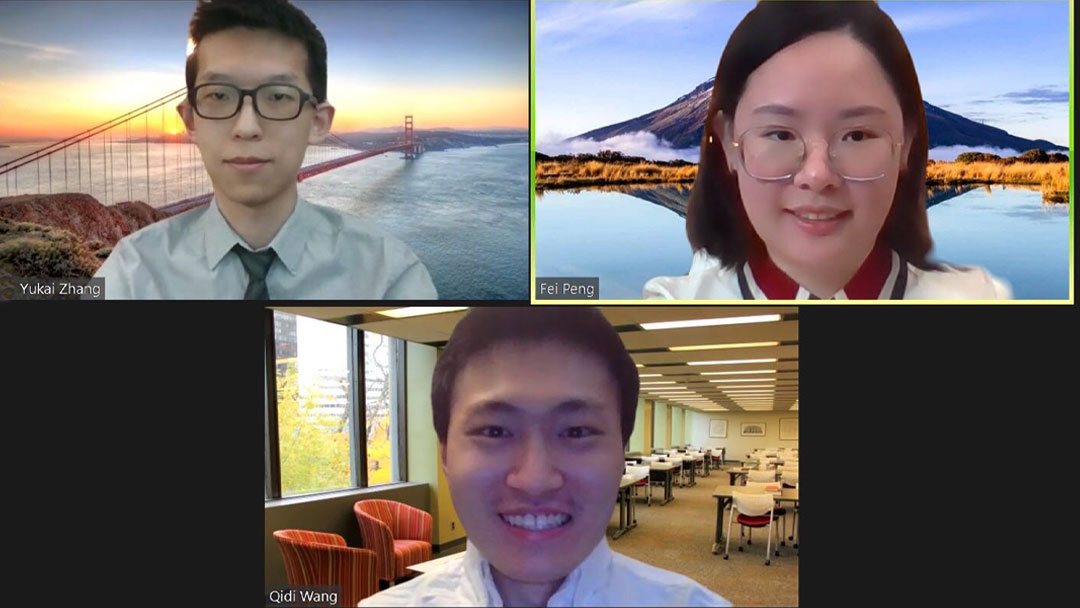 Screenshot of online meeting between Design team members Fei Peng, Qidi Wang, and Yukai Zhang