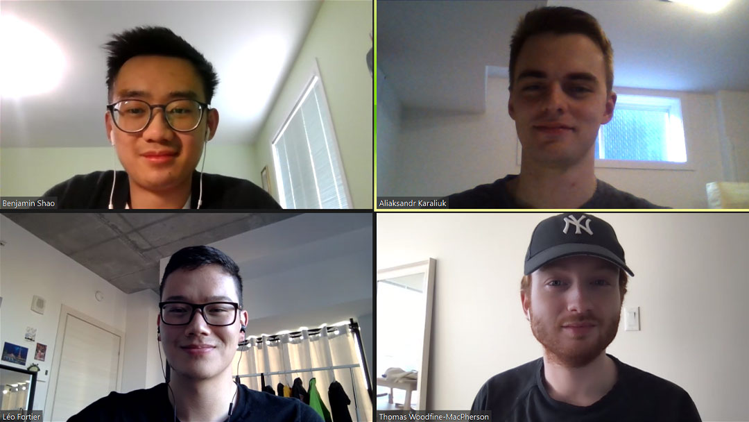 Screenshot of online meeting between Design team members Léo Fortier, Aliaksandr Karaliuk, Benjamin Shao, and Thomas Woodfine-MacPherson