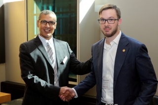 2015 SURE Faculty Prize winner Richard Church,  Department of Mining &amp; Materials Engineering, posing for photo with presenter