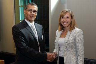 2015 SURE TISED Prize winner Jessica Droujko,  Department of Mechanical Engineering, posing for photo with presenter