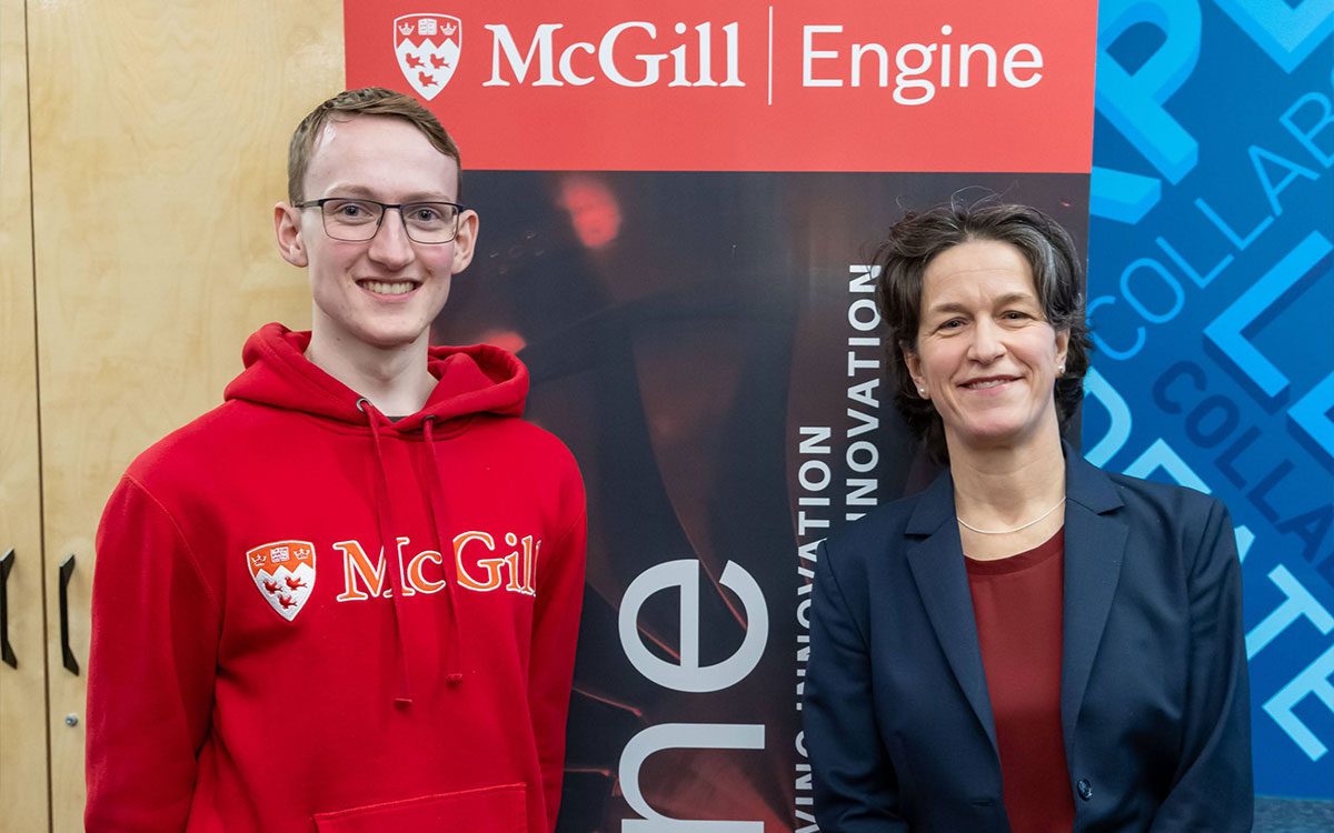 Professor Odile Liboiron-Ladouceur (right) with Software Engineering student James Darby, who worked for PreFab AI Photonics in Summer 2023 as the inaugural recipient of the Nicell Summer Startup Internship