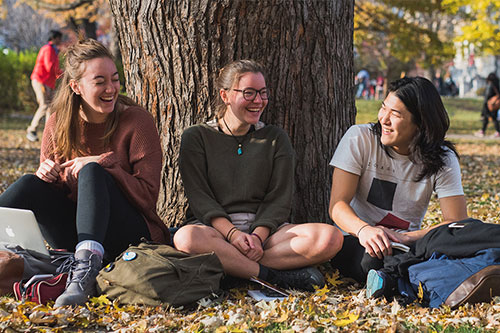 3 students sitting and laughing under a tree on McGill campus