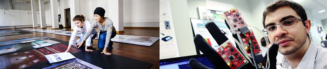 2 students organizing pieces of arts on the floor in an empty hall (left); A student demonstrating small circuit boards connected to fingers (right)