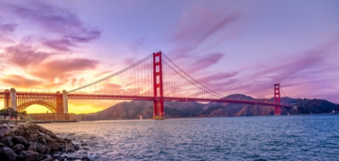 The Golden Gate bridge in San Francisco at sunrise
