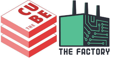 Graphic of a CSUS themed factory and a cube