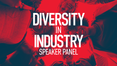 Diversity in Industry Speaker Panel event poster (5 students looking down at a camera; red background)