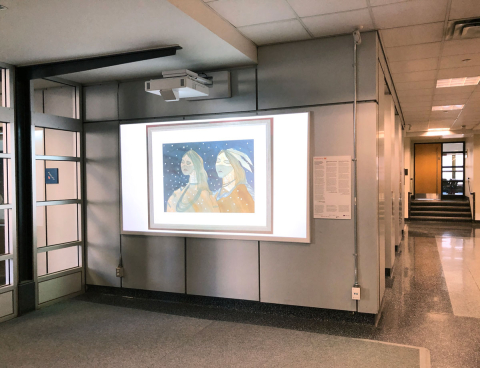 Projection screen showing artwork by Leo Yerxa, Untitled (Young Couple Under the Snow), ca. 1980s-90s, watercolour on paper. Gift of Francine Pagé Charron. © Estate of the Artist.