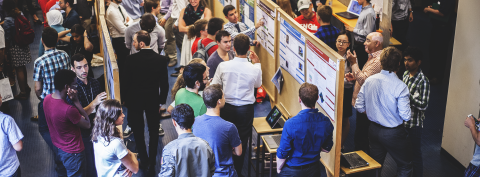 Small groups of people standing and having discussions near poster board at an event