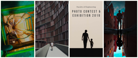 Photo Contest & Exhibition 2019 (l to r) a photo looking down to a main pumping station; a photo of a girl riding a bike in front of a building; a photo of a father and a son; a photo of a man standing and his reflection in the water