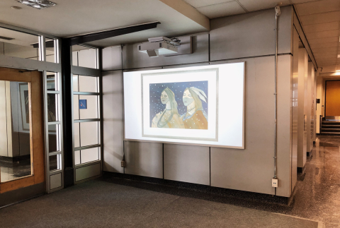 Projection screen showing artwork by Leo Yerxa, Untitled (Young Couple Under the Snow)