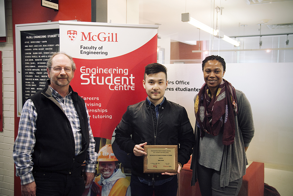 Max (Shuhong) Shen holding EPTS Teaching Excellence Award alongside David Frost, and Chidinma Offoh-Robert