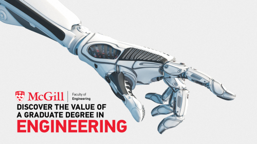 Faculty of Engineering "Discover the value of a graduate degree in engineering" poster involving a robot hand