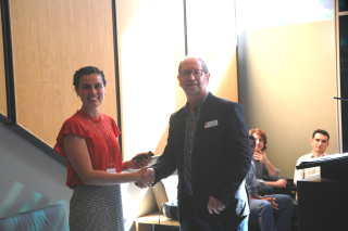 2019 SURE Faculty Prize winner Victoria Meola, Department of Chemical Engineering, posing for photo with presenter