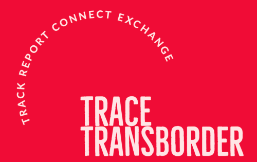 Logo of the research project. The off white text on a bright red background reads: TRaCE Transborder: Track, Report, Connect, Exchange.