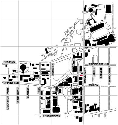 This downtown campus map pinpoints the location of Bieler offices in red.