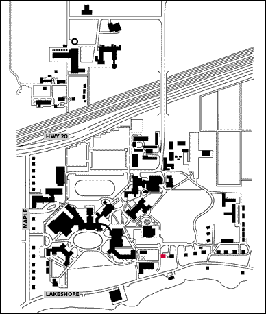 This map of Macdonald Campus pinpoints the location of Bieler Offices in red at the Rowles House.