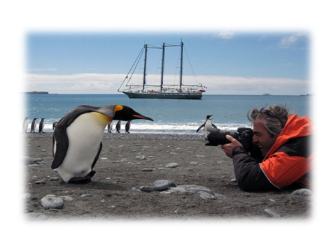 Jean Lemire taking a photo of a penguin with a ship in the background