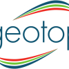 Lowercase blue words geotop with arc stripes in blue, green and red above and below the word 