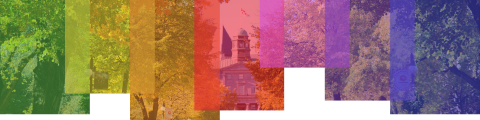 Banner with rainbow of colours over a picture of McGill's campus.