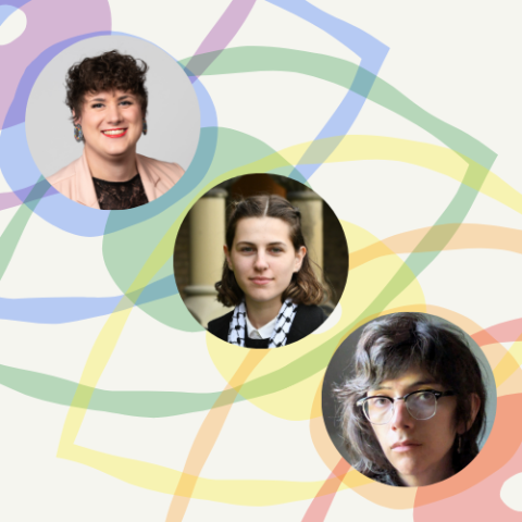 decorative image with rainbow coloured background and headshots of three panelists