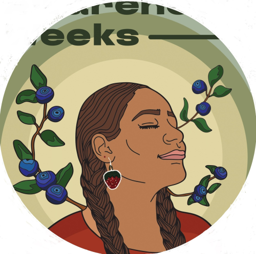 Profile drawing of an Indigenous person with hair in braids