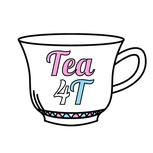 Drawing of white tea cup with Tea4T lettering on the sie in pink, blue and yellow colours