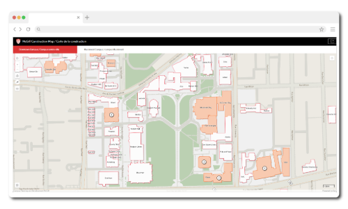 Screenshot of interactive map of mcgill's construction projects