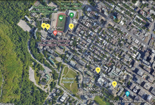 Satellite view of parts of the McGill downtown campus and surrounding neighbourhood. Pins indicate the location of the affected buildings.