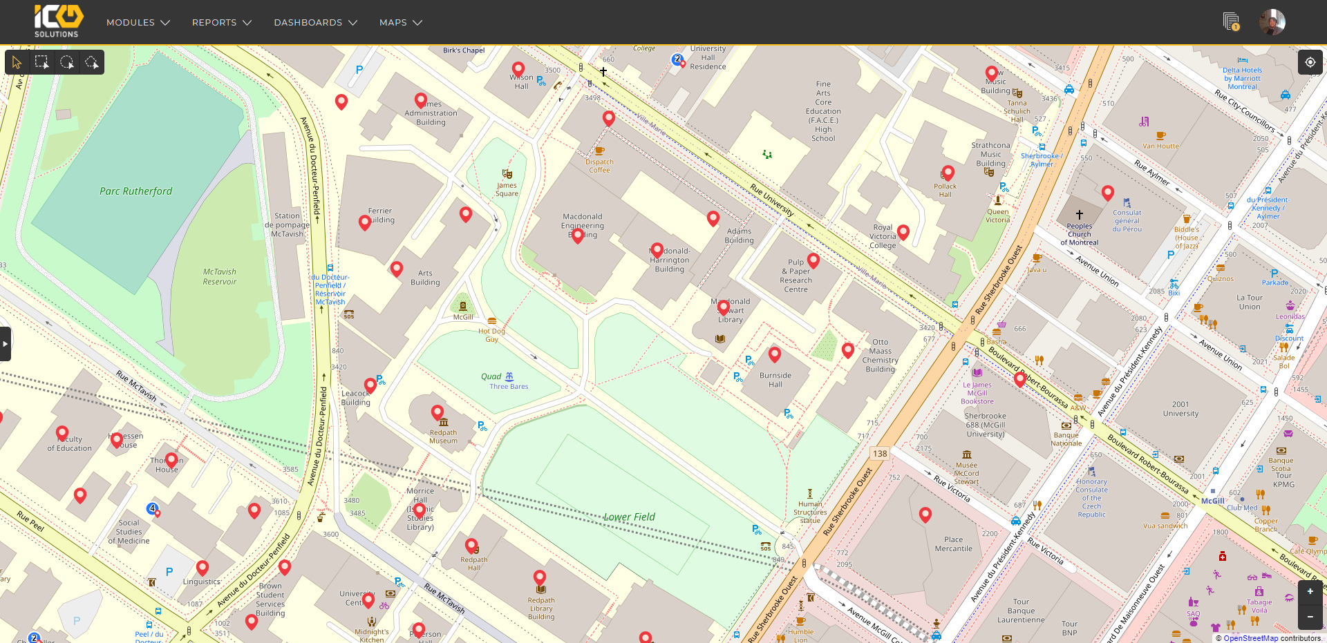 Screenshot of map displaying McGill buildings on campus. 