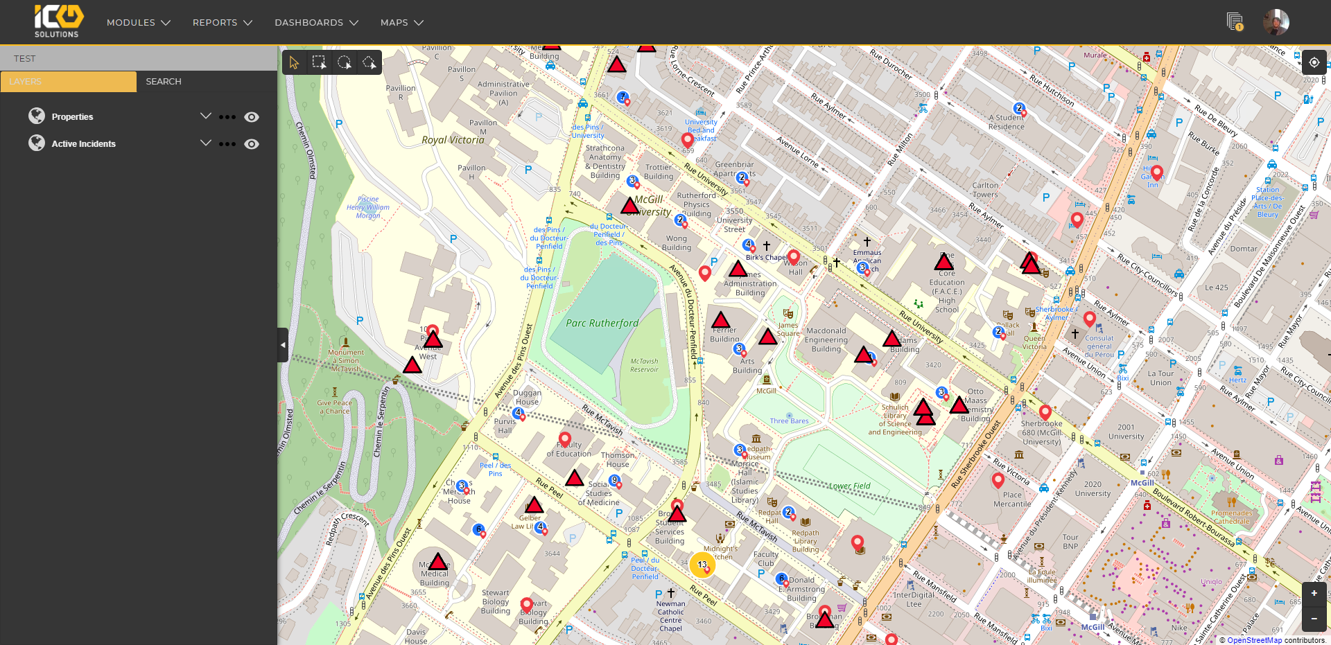 Screenshot of map displaying current and past incidents and requests.
