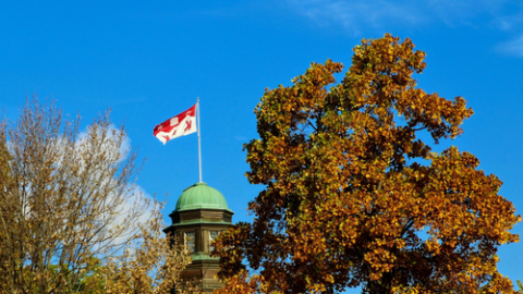 Top of Arts building with flag against a blue sky