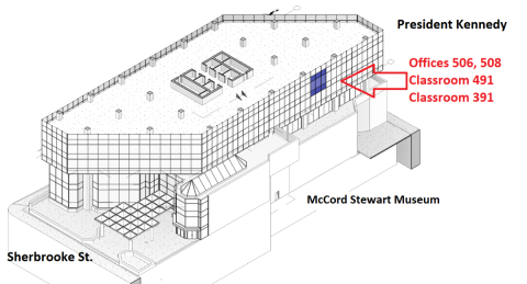 Drawing of the 680 Sherbrooke building, indicating the location of the works on the side of the McCord Stewart Museum