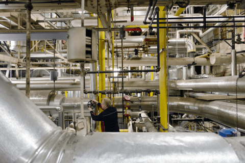 Inside of energy complex, system of pipes and tubes