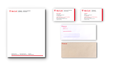 Selection of stationary items with McGill visual identity, letterhead, business cards, envelopes