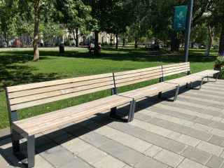 The benches on the lower campus main road are made of FSC-certified non-tropical hardwood.