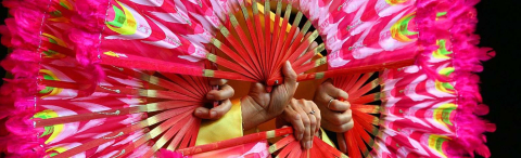 Close up of hands holding colourful paper fans