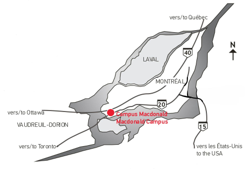 Map showing the location of Macdonald Campus on the island of Montreal
