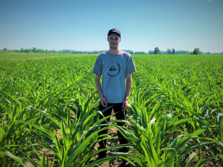 Gabriel Vinet standing in a corn field at Les Fermes Longprés in Les Cèdres, QC