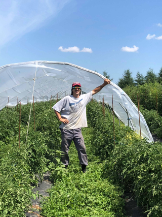 Grégory Dupont stands next to a high tunnel in the market garden farm - les jardins d'arlington