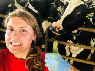 Janine Spichtig worked at Mindy Farms in Lancaster, ON this summer, here she poses with some Holstein cows 