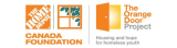 Image showing the logos for the home depot Canada foundation, white text on an orange background, and a window with green leaves visible outside, and logo for the orange door project, with an orange door opening to a yellow room, with text reading housing and hope for youth homelessness