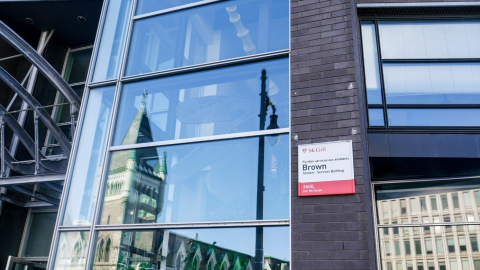 Exterior of the Brown Student Services building, close-up on the windows and building sign on McTavish Street