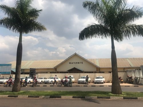 Maternity wing of CHUK framed by two palm trees