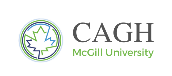 CAGH McGill logo - a green and blue outline of a maple leaf with portions extended to create a globe around the leaf. Text: CAGH McGill