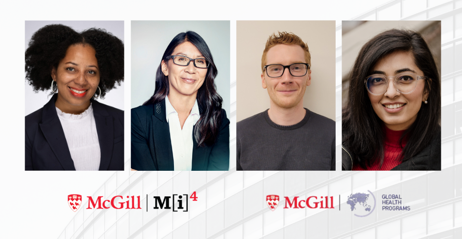 Portraits of the four 2025 GHP-MI4 Steinberg Seed grantees, Ugochiyere Ukah, Joanne Liu, Jonathon Campbell and Prativa Baral