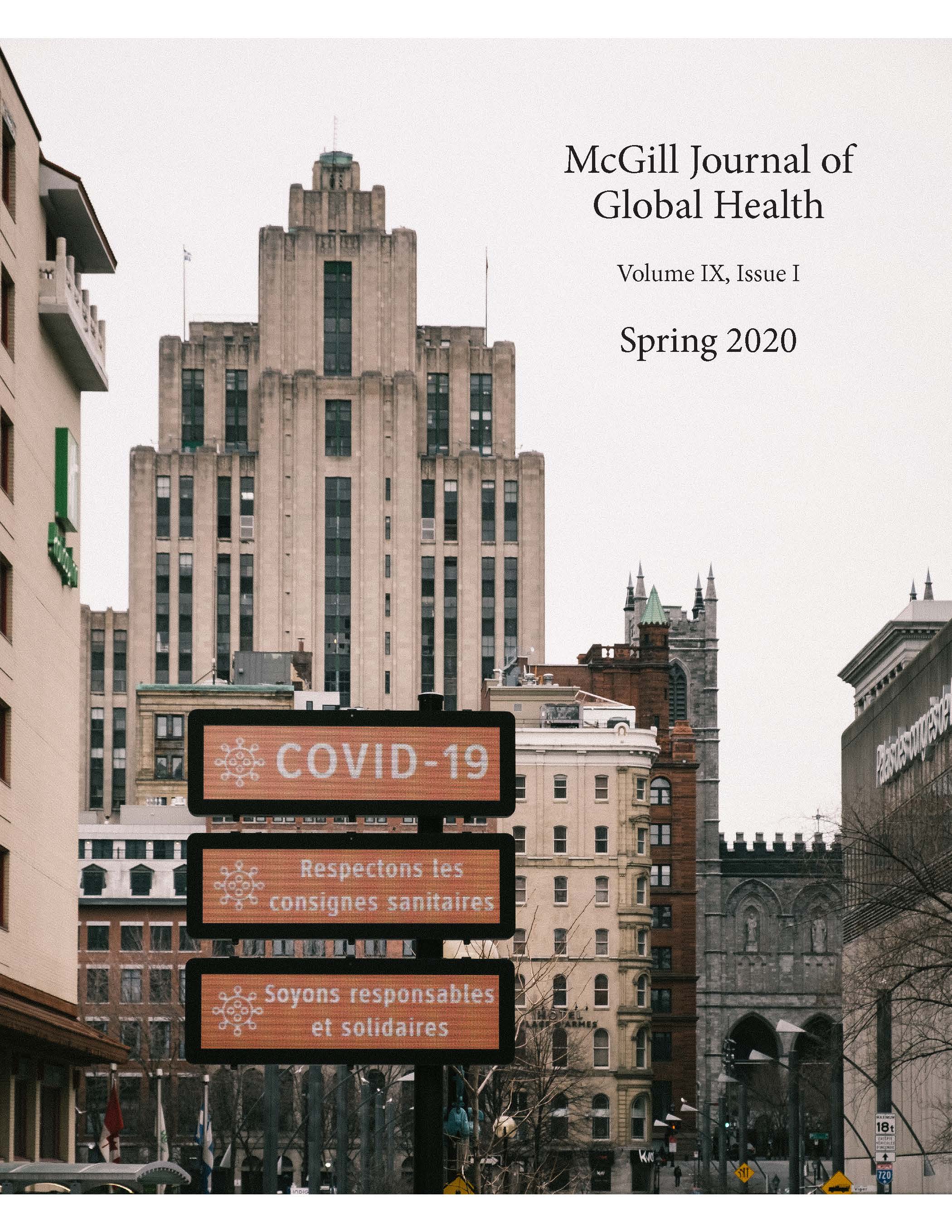 McGill Journal of Global Health Volume IX, issue 1 cover image (Montreal city landscape and covid-19 public announcements)