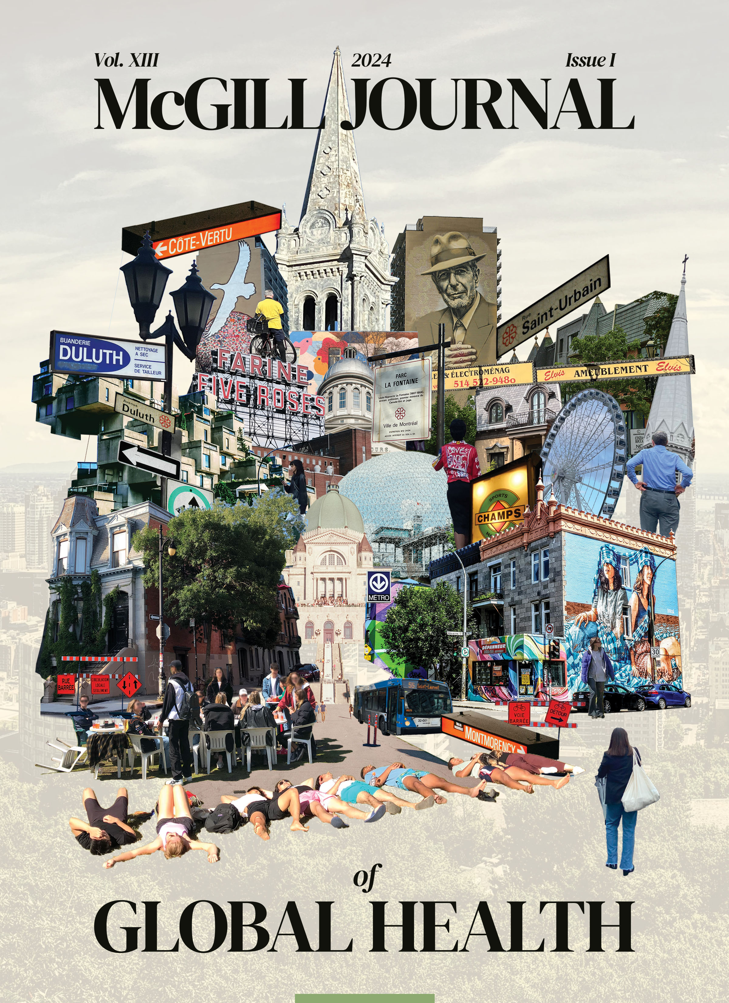Cover image for the McGill Journal of Global Health Volume XIII (2024) Issue 1 with a collage of Montreal landmarks and imagery