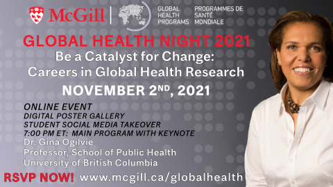 Global Health Night 2021 flyer with event title, date, time and keynote speaker headshot and name 