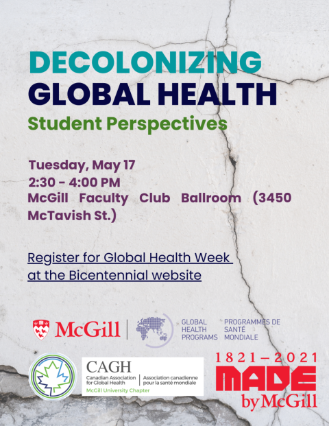 Flyer for the event with the event title and date, the McGill GHP, CAGH McGill and Made By McGill Logos over a marble wall background